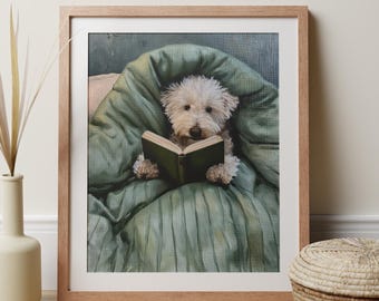 Cozy White Dog Reading Print, Sage Green Bookish Wall Art Prints, Dog Lover Decor