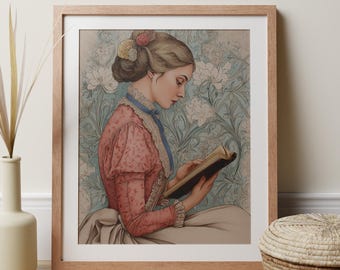 Woman Reading Victorian Art, Watercolour Print, Romantic Book Painting