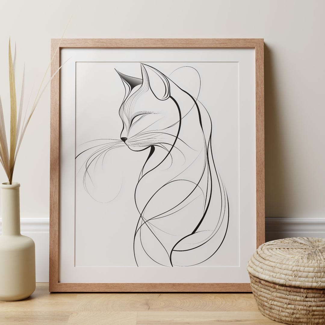 Minimalist Cat Line Art Print, Black and White Feline Portrait - Etsy