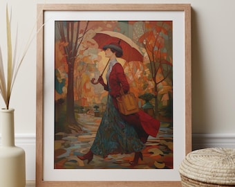 Art Nouveau Print Of Woman And Autumn Trees, Cozy Fall Decor