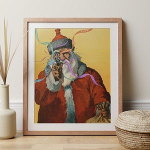 Stampa pop art retrò di Babbo Natale, con coriandoli di pace e amore, decorazione per la casa originale per le festività natalizie.