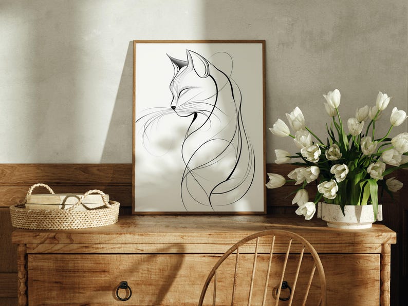 Minimalist Cat Line Art Print, Black and White Feline Portrait - Etsy