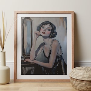 Stampa di ritratto di donna in stile Art Déco, elegante decorazione da parete, donna glamour in boudoir blu, regalo di pittura a olio estetica, decorazione vintage per camerino