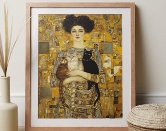 May include: Framed art print featuring a woman holding three cats. The artwork has a golden yellow background with intricate patterns. The woman is depicted with dark hair and a serene expression. The cats are a mix of colors: brown, gray, and black.