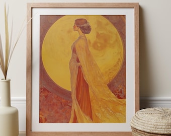 Art-Deco-Mondgöttin Druck, Boho Diana Artemis Gemälde, ideale elegante Frau feministisches Jugendstil Geschenk, 1920er Jahre Gold und rotes Wohnzimmer