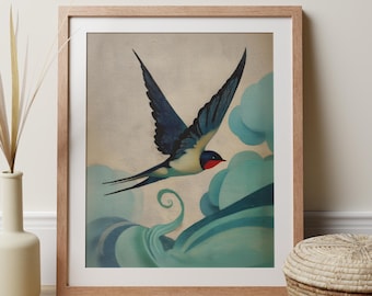 Art Deco Swallow Art, Sea And Swift Print, Blue Bird Poster, Vintage Bathroom Decor