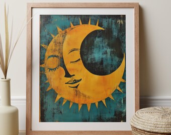 Celestial Sun and Moon Giclée Print, Teal Boho Home Decor