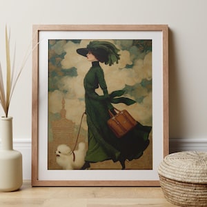 Stampa di donna vittoriana con cane in stile Art Déco, stampa murale di moda pomerania, estetica francese della Belle Époque, poster con stampa artistica femminile, regalo