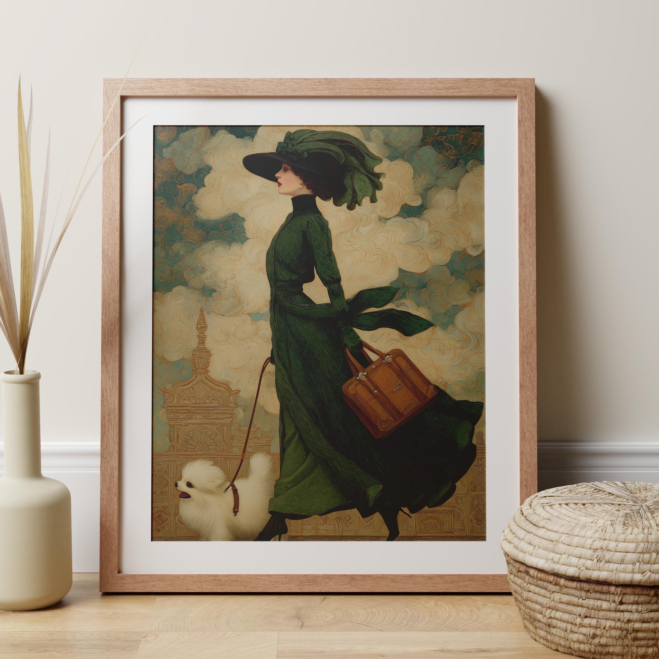 Victorian Woman Print With Dog in Art Deco Style, Pomeranian Fashion ...