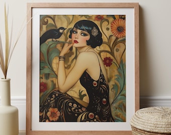 Art Deco Art Bedroom Print Woman With Raven, Flapper Girl Roaring 20s Jazz Age Wall Decor, Glamorous Retro Art Nouveau Coquette Gift Poster