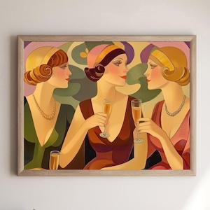 Art-Deco-Champagnerdruck von drei weisen Frauen, die auf weibliche Freundschaft anstoßen, 1920 Elegante Kokette Ästhetik Retro Cocktailbar Alkohol Chic Art
