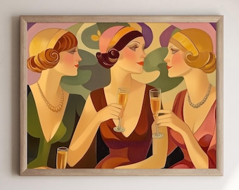 Art Deco Champagne Print Of Three Wise Women Toasting Female Friendship, 1920 Elegant Coquette Aesthetic Retro Cocktail Bar Alcohol Chic Art