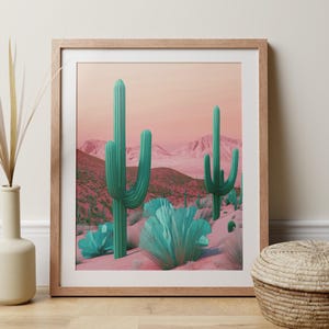 Southwestern Art Kaktus Landschaft Druck, moderne westliche BoHo Wandkunst, mutiges buntes rosa türkises Wüstenplakat, Arizona Natur-Wohndekorgeschenk