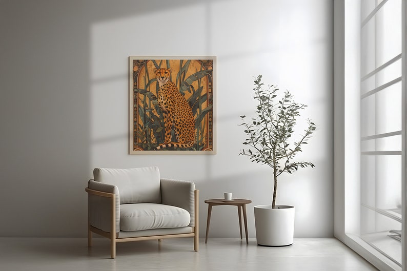 May include: A framed illustration of a cheetah sitting in a jungle setting. The cheetah is orange and black with a white background. The frame is a light brown wood.