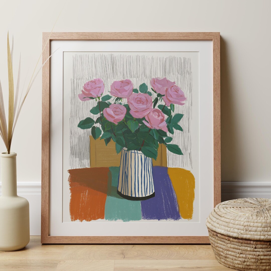 Pink Rose Painting Wall Art, Still Life Botanical Prints, Modern Decor ...