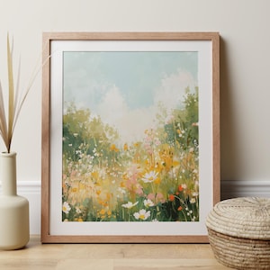Stampa di fiori selvatici, campo di prato, acquerello pastello, paesaggio primaverile floreale, arte cottagecore, regalo botanico estivo per la festa della mamma per gli amanti del giardino