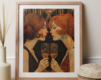Art Deco Champagne Wall Art, Lesbian Print, Retro Wedding Decor, Alcohol Chic Art
