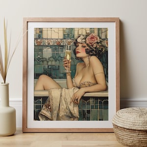 Stampa da bagno Art Déco di una donna nella vasca da bagno con champagne, estetica glamour anni '20, stampa giclée da parete per alcol chic, regalo per fashionista