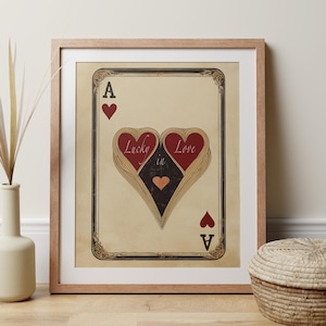 Impression art déco tendance aux cartes à jouer, cadeau romantique As de coeur, poster chanceux en amour pour les jeunes mariés ou art mural affirmation rétro pour la Saint-Valentin