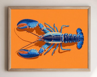 Blue Lobster Print, Kitchen Wall Art, Coastal Decor