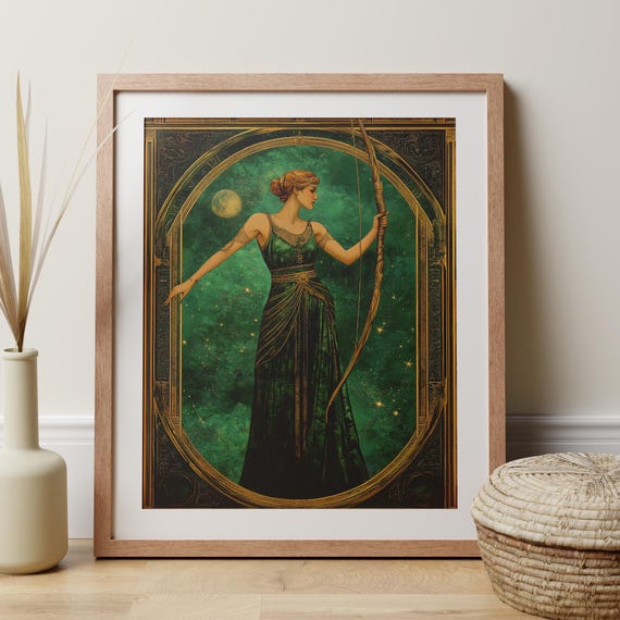 Greek Goddess Art Deco Print Of Artemis The Female Moon And Mythological Hunter Deity For Powerful Women, Feminist Art Nouveau Artwork Gift