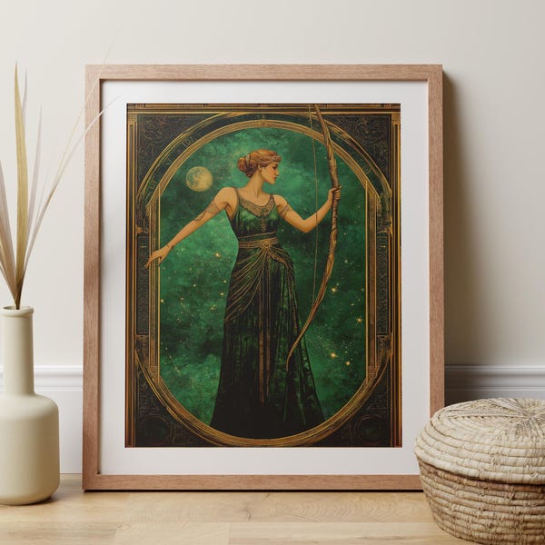 Déesse grecque Art déco impression d'Artémis la femme lune et divinité chasseur mythologique pour les femmes puissantes, cadeau d'oeuvre d'art féministe Art nouveau