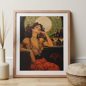 Art Nouveau Dekadent Młoda Kobieta Bar Print, Moody BoHo 1920s Cafe Boudoir Decor, Alkohol Chic Estetyka, Elegancka Retro Salon Wall Art