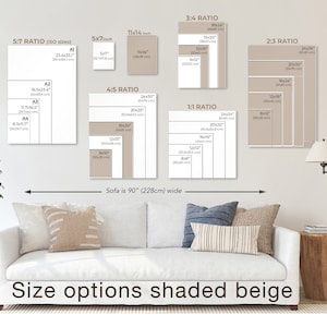 May include: A chart showing different size options for canvas prints, with the text "Size options shaded beige" at the bottom. The chart shows different aspect ratios, including 5:7, 4:5, 3:4, 2:3, and 1:1. The chart also shows the dimensions of each size in inches and centimeters.