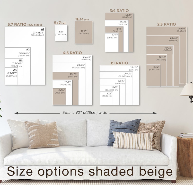 May include: A chart showing different size options for canvas prints, with the text "Size options shaded beige" at the bottom. The chart shows different aspect ratios, including 5:7, 4:5, 3:4, 2:3, and 1:1. The chart also shows the dimensions of each size in inches and centimeters.