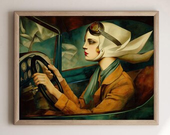 Art Deco Woman In Vintage Car Print, 1920s Wall Art, Retro Futurism Decor