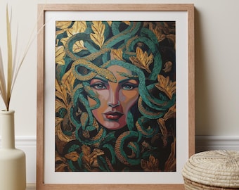Medusa Wall Art, Serpent And Greek Goddess Print, Mythical Decor