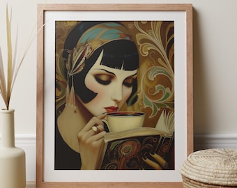 May include: A framed art print featuring a vintage illustration of a woman in a flapper style, reading a book and drinking from a teacup. The artwork has a warm color palette with gold, brown, and teal accents. The print is in a wooden frame.
