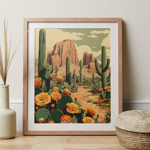 Retro Mexican Cactus Wall Art Print, Southwestern Desert Landscape Poster, Floral Blooming Saguaro Arizona Texas Decor, Rustic Wild West Art