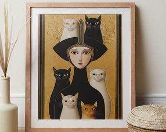 Woman And Cats Print Portrait, Art Deco Wall Art, Whimsical Decor