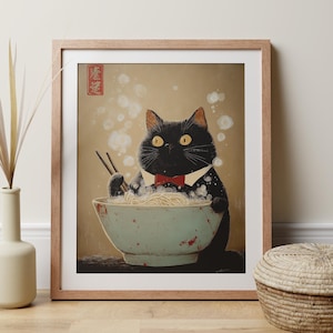 Japanese Cat Art Print, Cute Cat Eating Ramen Noodles, Japandi Kitchen Wall Art, Ukiyo-e Dining Room Food Poster, Whimsical Asian Artwork
