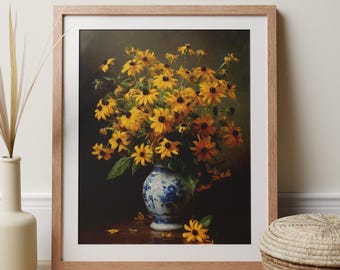 Black-Eyed Susan Print, Vintage Floral Oil Painting, Blue Vase