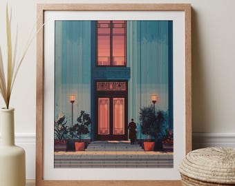 May include: Framed art print depicting a building facade with a person standing before the door. The building has a teal exterior with a red-toned window and door. Potted plants and lamps flank the entrance.