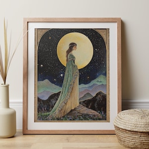 Stampa fantasy celeste con ragazza, luna e stelle, poster in stile Art Déco con Diana e Artemide, dea della luna, stampa per meditazione serena, regalo per studio yoga e camera da letto.