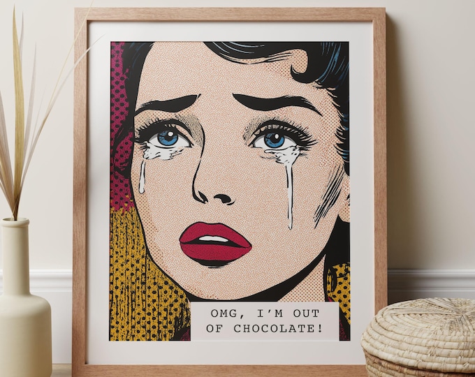 Pop Art Print Woman And Chocolate, Funny Comic Poster 1960s Retro Decor, Modern Style Wall Art, Chocolate Lover Gift Feminist Portrait