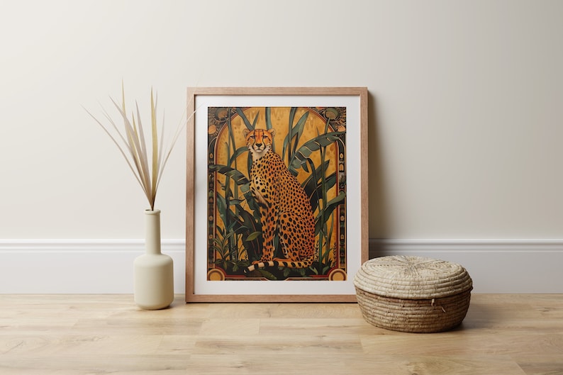 May include: A framed print of a cheetah sitting in a jungle setting. The cheetah is brown and black with a yellow background. The frame is wood.