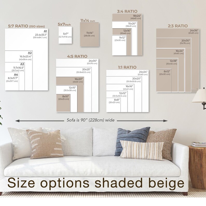 May include: A cream sofa with cushions is positioned in front of a wall showcasing artwork size options. The artwork sizes are in ratios such as 5:7, 4:5, 3:4, 2:3, and 1:1. The text "Size options shaded beige" is at the bottom.