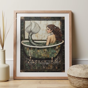 Badezimmer Poster Meerjungfrau, Vintage Nautische Ozean Thema Wandkunst, Fantasy Mermaidcore Poster Mädchen Geschenk, Quirky Boho Badewannendruck