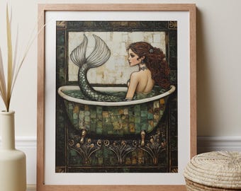 Art Deco Bathroom Print Mermaid, Vintage Nautical Ocean Theme Wall Art, Fantasy Mermaidcore Poster Girls Gift, Quirky Bohemian Bathtub Print