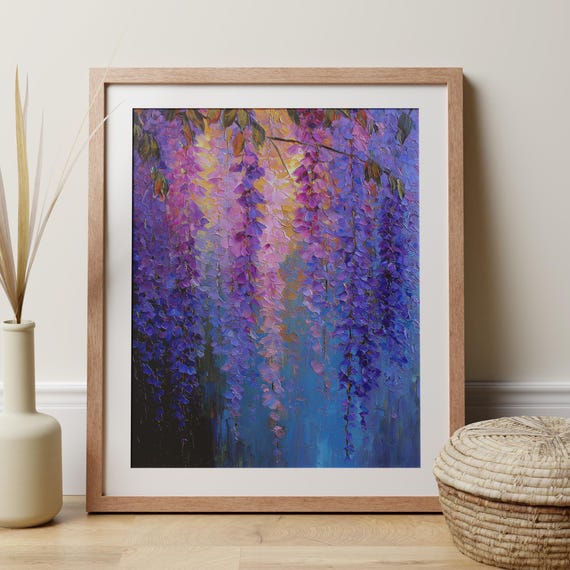 Purple Wisteria Flower Wall Art Print, Impressionist Floral Painting, Romantic Nature Decor, Blue Lavender Pink Artwork Botanical Home Decor