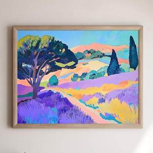 May include: A painting depicting a landscape with a large tree in the foreground, a winding path leading to a field of purple flowers, and a blue sky with fluffy clouds.