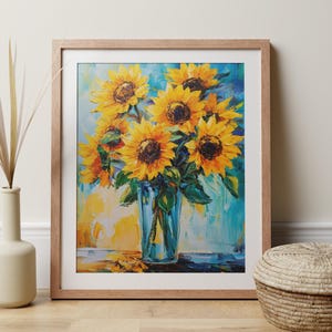 Cuadro de girasoles para pared, estampado de flores amarillas de colores en un jarrón azul, póster botánico perfecto para la cocina, regalo ideal para jardineros.
