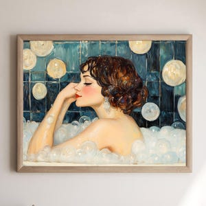May include: A woman with dark hair and a pearl earring is relaxing in a bathtub filled with white bubbles. The bathtub is set against a blue and white tiled wall with white circles.