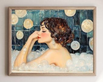 Bathroom Print Of Art Deco Woman Bubble Bath, Retro Glamorous Feminine Spa Aesthetic, 1920s Vintage Style Girl Gift, Hollywood Regency Decor