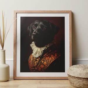 Ritratto di un Labrador nero in stile rinascimentale, regalo originale per gli amanti dei cani, stampa in stile vintage di un nobile cane, elegante e divertente decorazione per la casa.