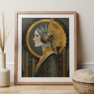 Futuristic Art Deco Woman Print, 1920s Sci-Fi Wall Art Fashion Flapper Girl Poster, Geometric Metallic Gold Gatsby Art, Glam Home Decor Gift